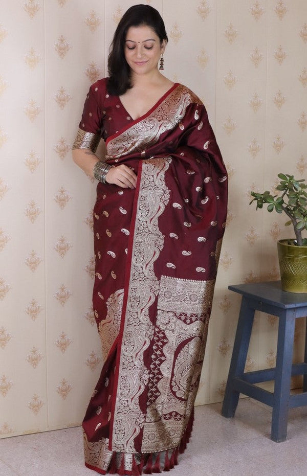 Amazing Maroon Color Banarasi Fabric Partywear Saree