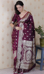 Amazing Wine Color Banarasi Fabric Partywear Saree