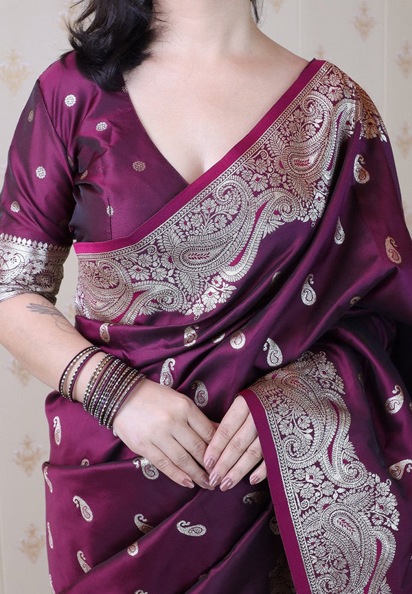 Amazing Wine Color Banarasi Fabric Partywear Saree