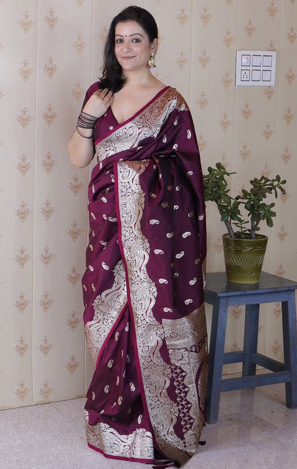 Amazing Wine Color Banarasi Fabric Partywear Saree