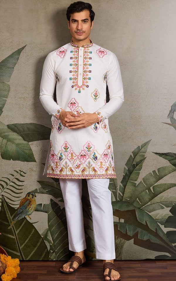 Amazing White Color Viscose Fabric Mens Kurta