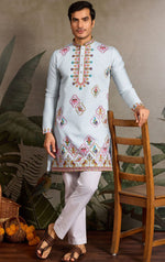 Amazing Aqua Color Viscose Fabric Mens Kurta