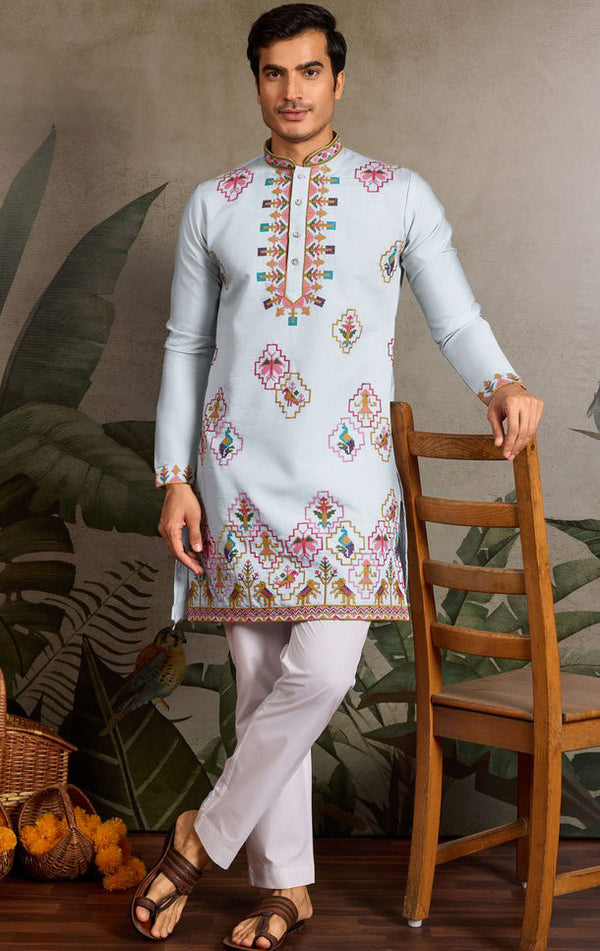 Amazing Aqua Color Viscose Fabric Mens Kurta