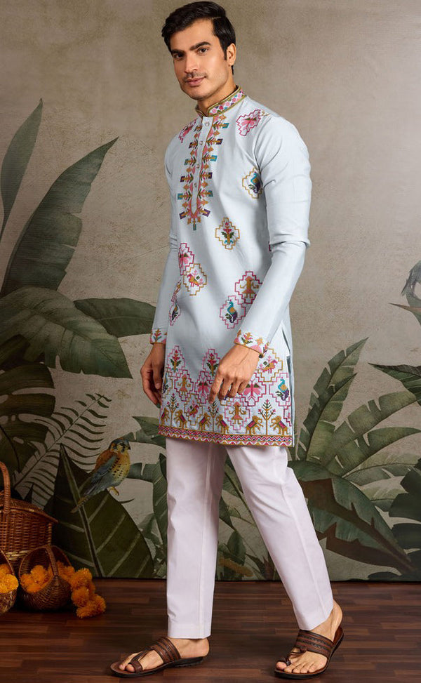 Amazing Aqua Color Viscose Fabric Mens Kurta