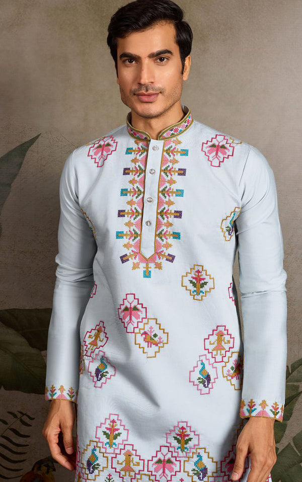 Amazing Aqua Color Viscose Fabric Mens Kurta