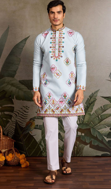 Amazing Aqua Color Viscose Fabric Mens Kurta