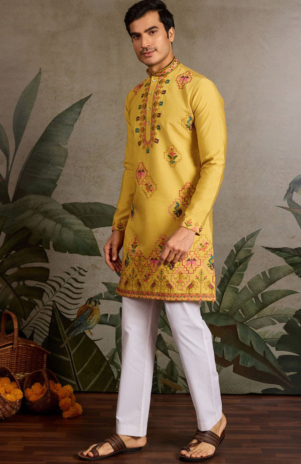 Amazing Yellow Color Viscose Fabric Mens Kurta