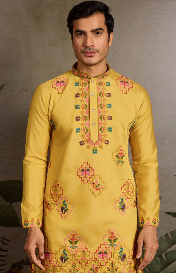 Amazing Yellow Color Viscose Fabric Mens Kurta