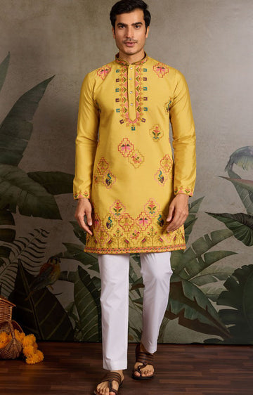 Amazing Yellow Color Viscose Fabric Mens Kurta