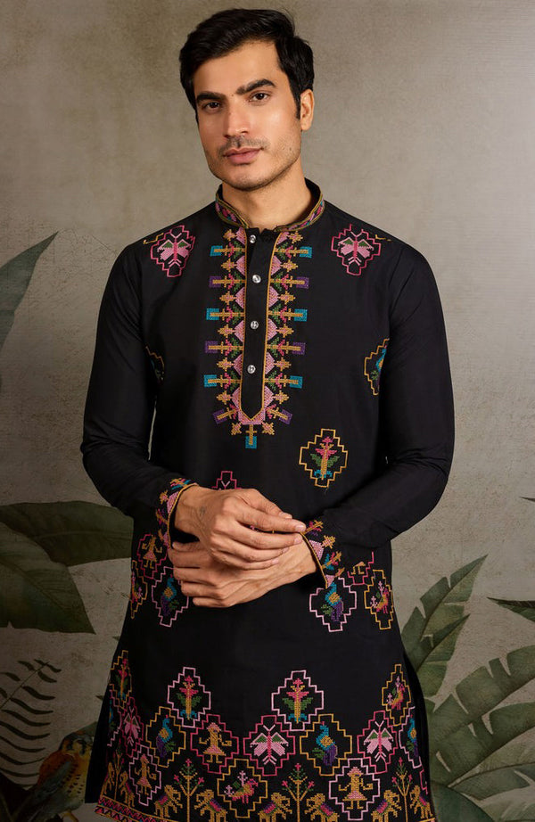 Amazing Black Color Viscose Fabric Mens Kurta