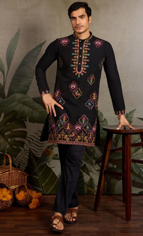 Amazing Black Color Viscose Fabric Mens Kurta