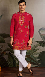 Amazing Red Color Viscose Fabric Mens Kurta