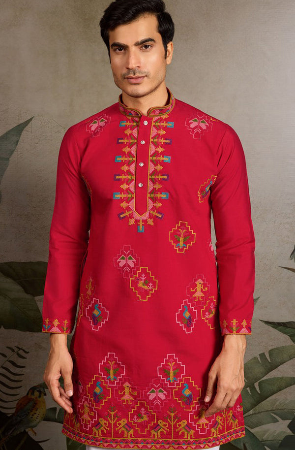 Amazing Red Color Viscose Fabric Mens Kurta