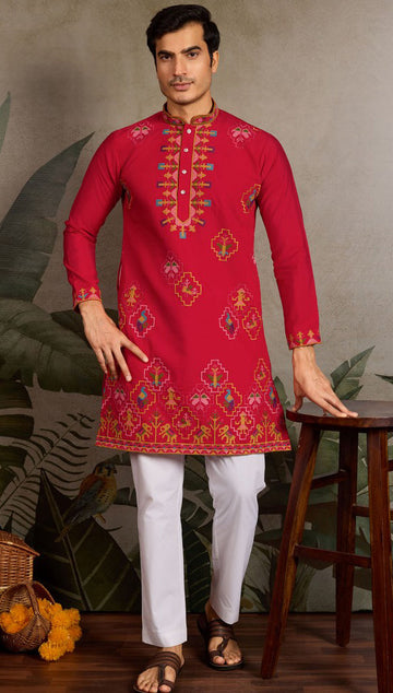 Amazing Red Color Viscose Fabric Mens Kurta