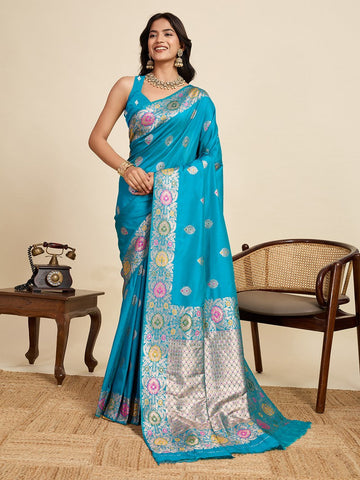 Amazing Turquoise Color Silk Fabric Designer Saree