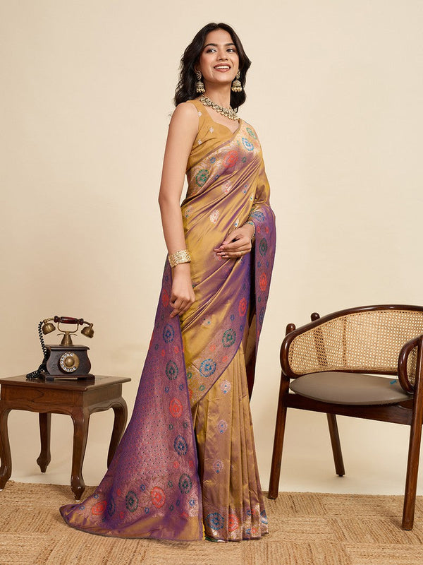 Amazing Golden Color Silk Fabric Designer Saree
