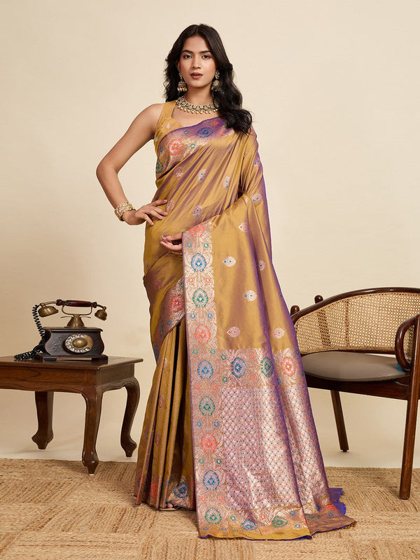 Amazing Golden Color Silk Fabric Designer Saree
