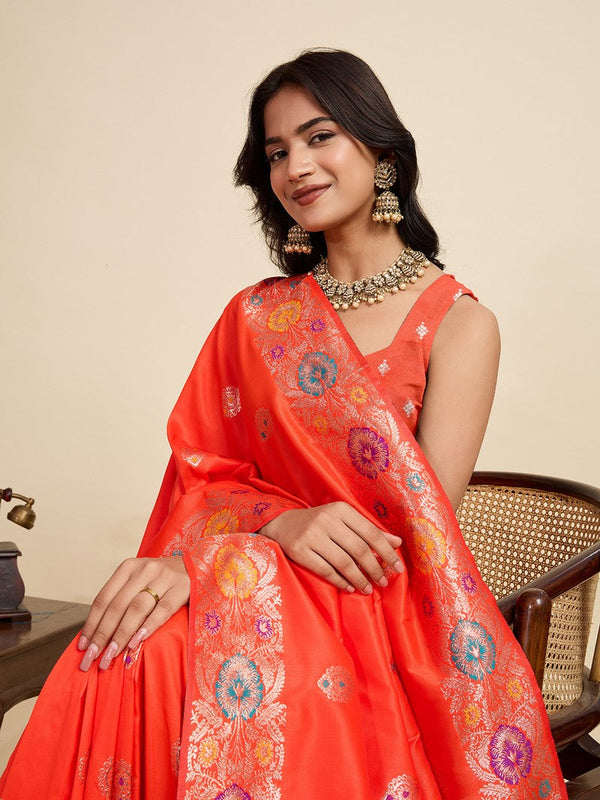 Amazing Orange Color Silk Fabric Designer Saree