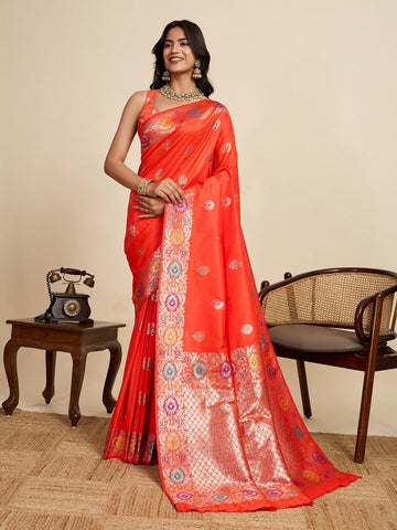 Amazing Orange Color Silk Fabric Designer Saree