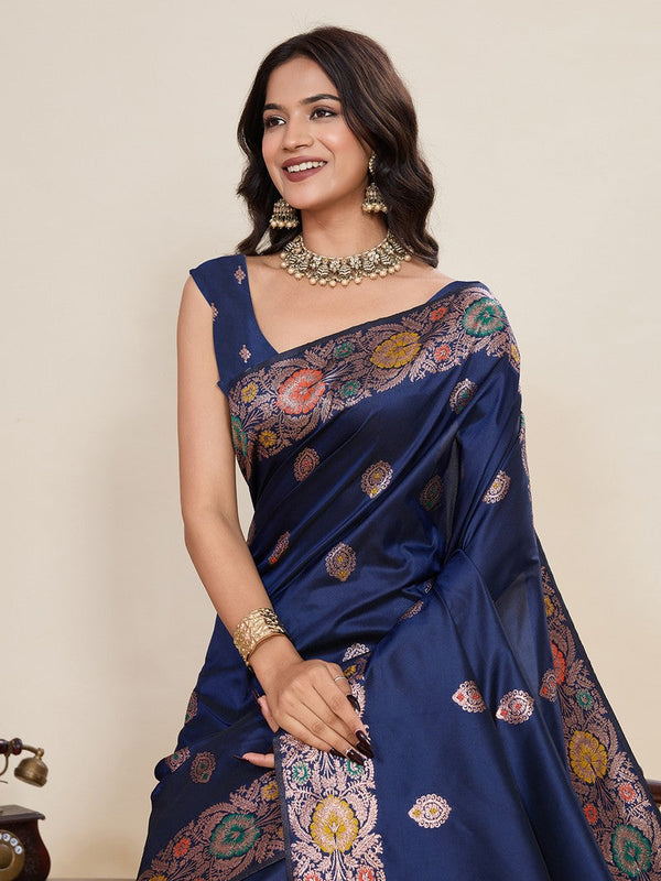 Amazing Navy Blue Color Silk Fabric Designer Saree