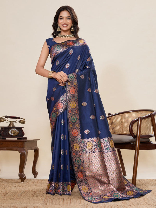 Amazing Navy Blue Color Silk Fabric Designer Saree