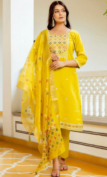 Glowing Yellow Color Shimmer Fabric Casual Suit