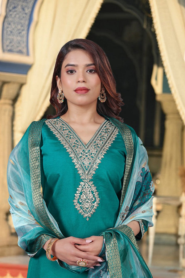 Glowing Green Color Chanderi  Fabric Casual Suit