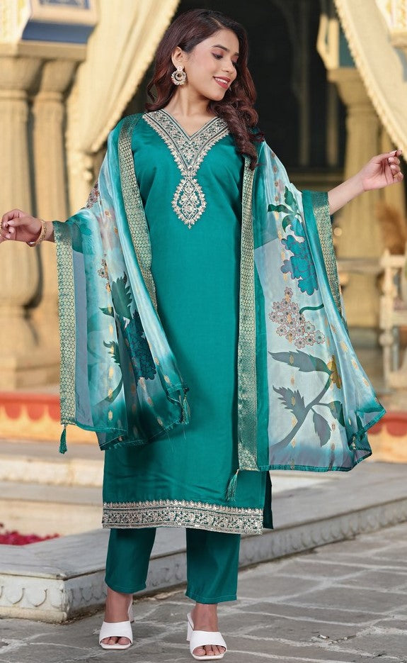 Glowing Green Color Chanderi  Fabric Casual Suit