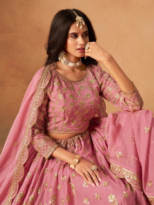 Amazing Pink Color Organza Fabric Party Wear Lehenga