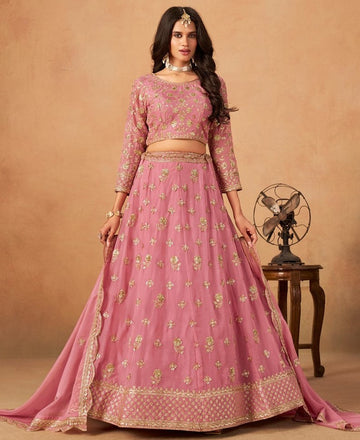 Amazing Pink Color Organza Fabric Party Wear Lehenga