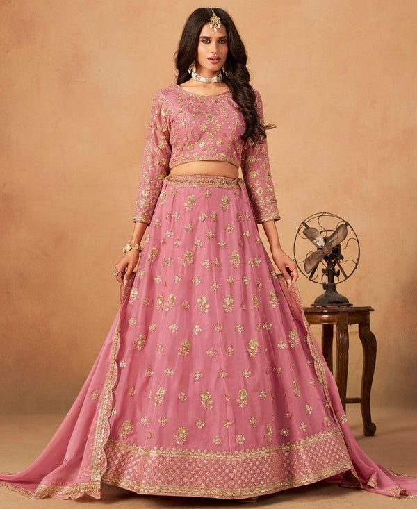 Amazing Pink Color Organza Fabric Party Wear Lehenga