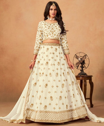 Amazing Cream Color Organza Fabric Party Wear Lehenga