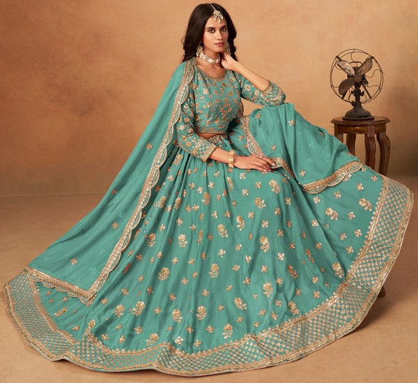 Amazing Turquoise Color Organza Fabric Party Wear Lehenga