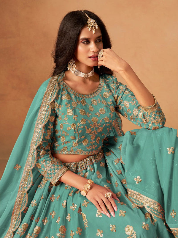 Amazing Turquoise Color Organza Fabric Party Wear Lehenga
