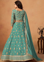 Amazing Turquoise Color Organza Fabric Party Wear Lehenga