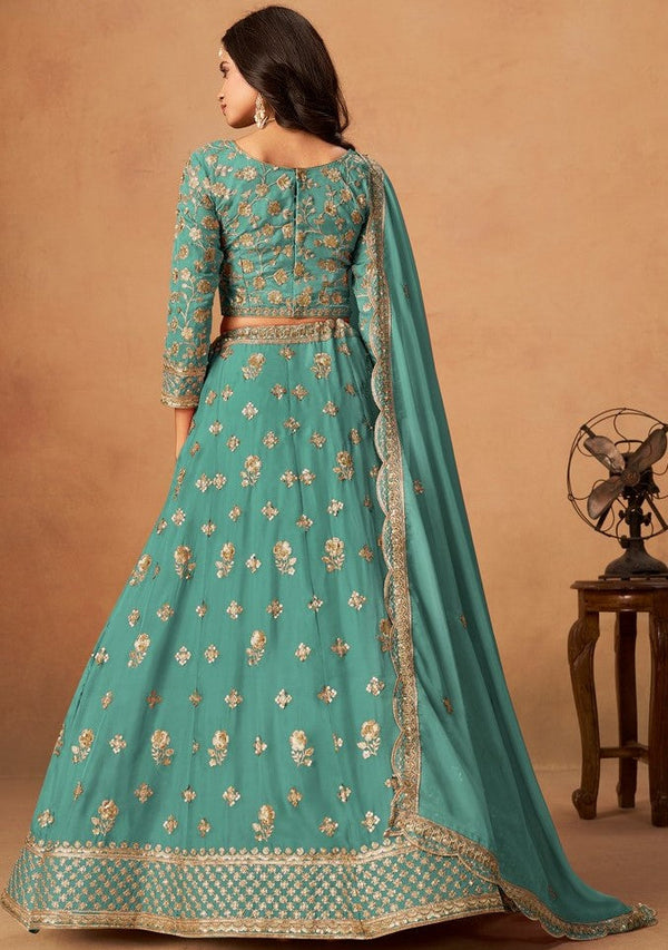 Amazing Turquoise Color Organza Fabric Party Wear Lehenga