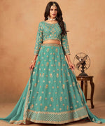 Amazing Turquoise Color Organza Fabric Party Wear Lehenga