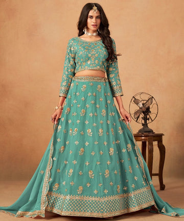 Amazing Turquoise Color Organza Fabric Party Wear Lehenga