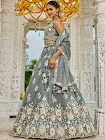 Beautiful Grey Color Organza Fabric Party Wear Lehenga