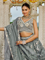 Beautiful Grey Color Organza Fabric Party Wear Lehenga