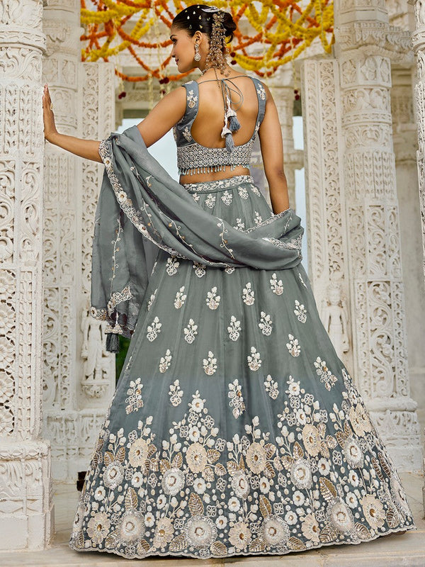 Beautiful Grey Color Organza Fabric Party Wear Lehenga