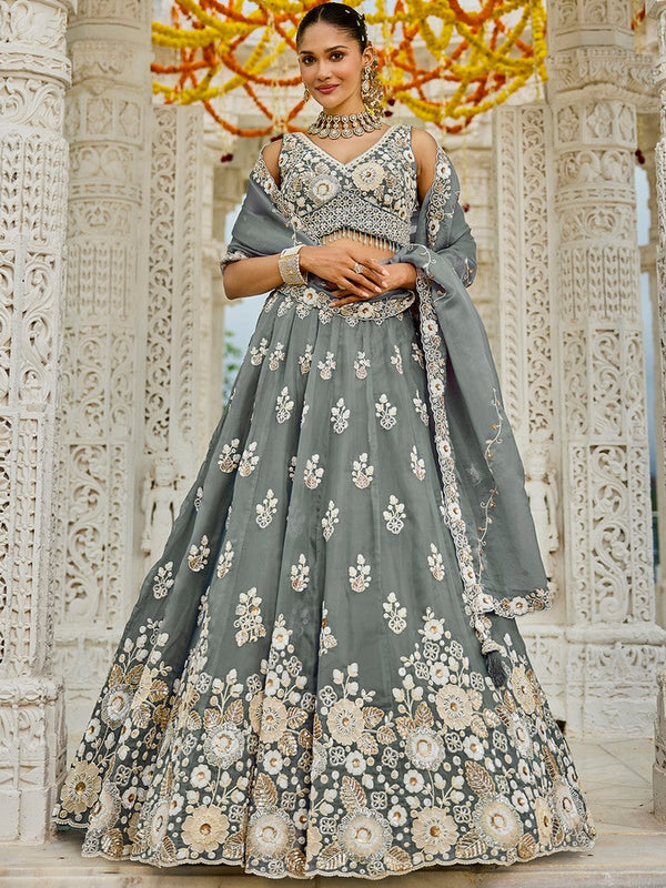 Beautiful Grey Color Organza Fabric Party Wear Lehenga