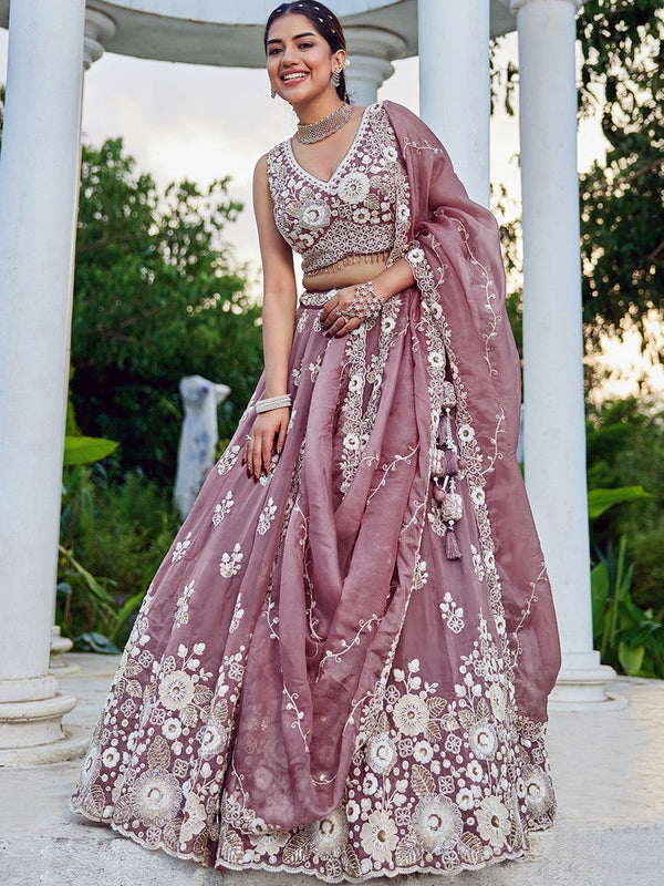 Beautiful Purple Color Organza Fabric Party Wear Lehenga