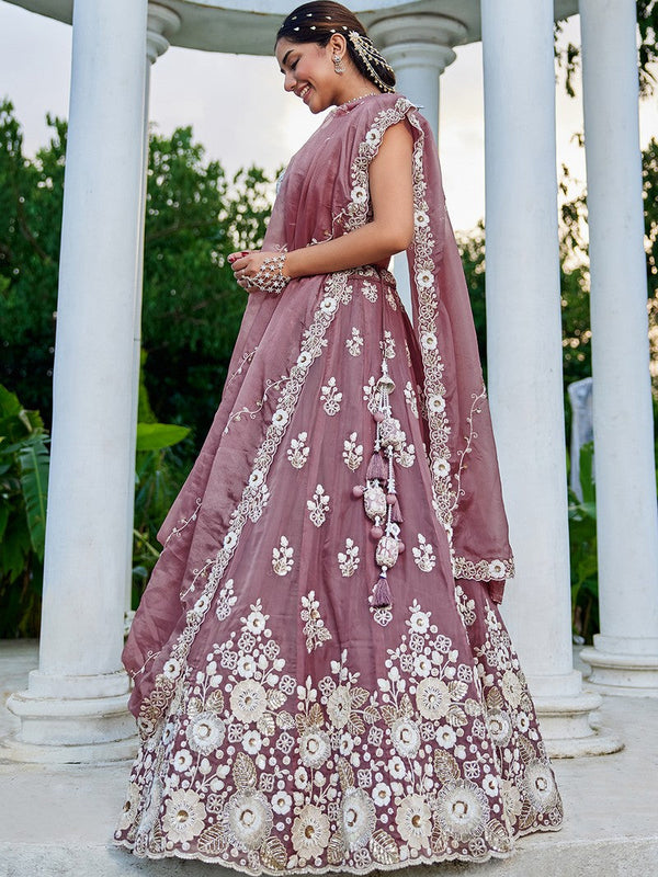 Beautiful Purple Color Organza Fabric Party Wear Lehenga