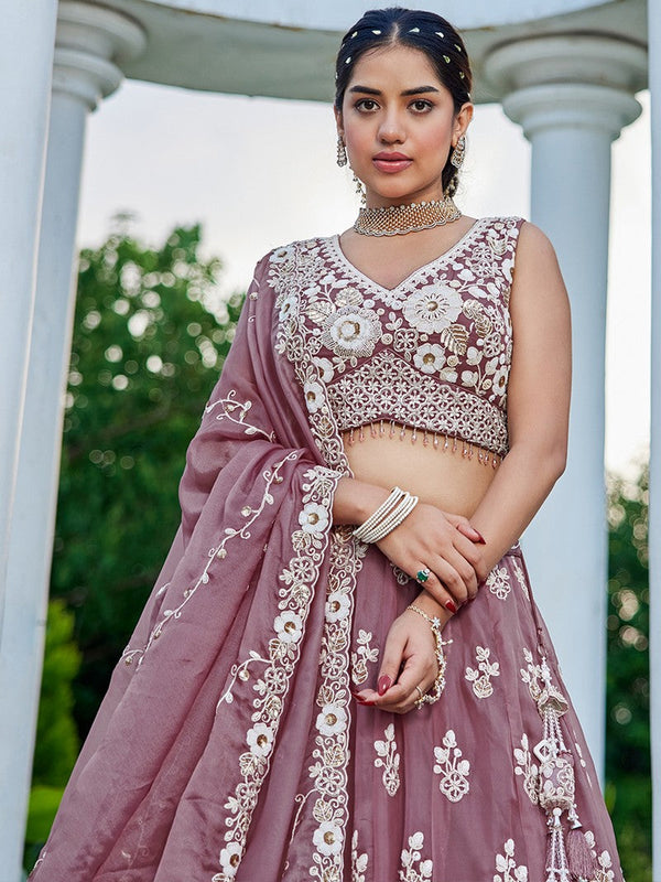 Beautiful Purple Color Organza Fabric Party Wear Lehenga