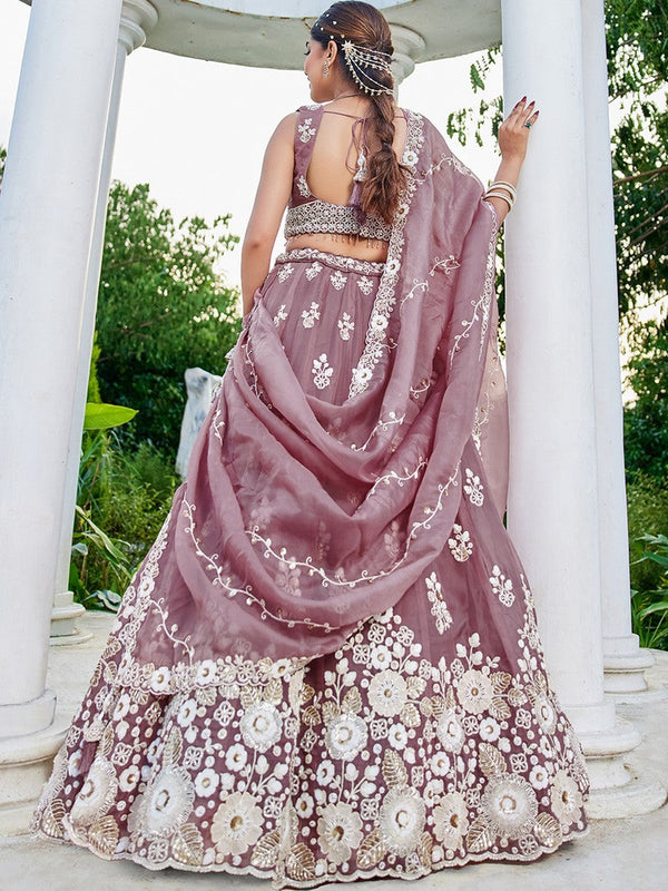 Beautiful Purple Color Organza Fabric Party Wear Lehenga