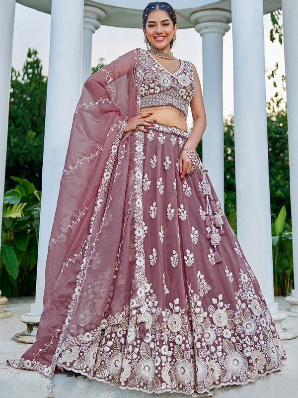 Beautiful Purple Color Organza Fabric Party Wear Lehenga