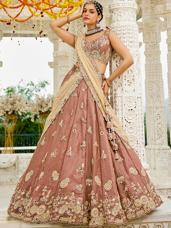 Beautiful Peach Color Satin Fabric Party Wear Lehenga