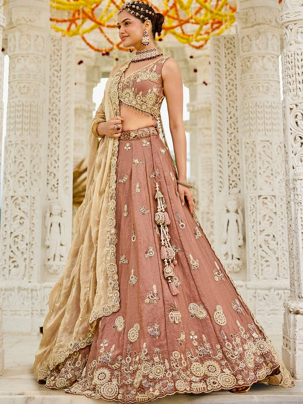 Beautiful Peach Color Satin Fabric Party Wear Lehenga