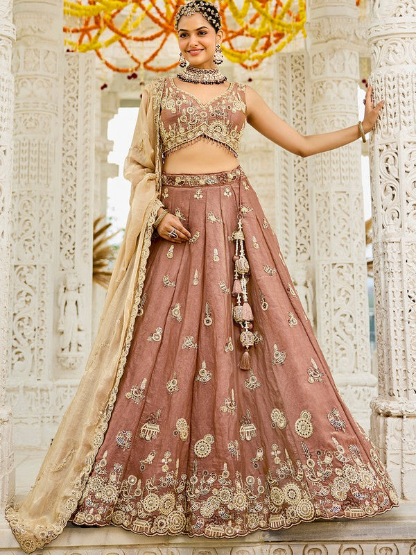 Beautiful Peach Color Satin Fabric Party Wear Lehenga
